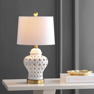 Quatrefoil Fretwork 20.5" Pierced Ginger Jar Ceramic/Metal LED Table Lamp - JONATHAN Y
